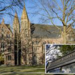 Vista externa do Durfee Hall na Universidade de Yale, mostrando sua alta arquitetura gótica vitoriana e funcionando como dormitórios.