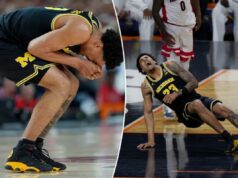 Yaxel Lendeborg, do Michigan, sofre uma lesão preocupante no tornozelo, mas retorna no cenário bizarro da Final Four O atacante do Michigan, Yaxel Lendeborg, cai na quadra durante um jogo de basquete contra o Arizona.