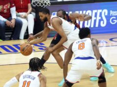Heróis, zeros da vitória do Knicks no jogo 3 sobre os Cavaliers: James Harden faz outro ato de desaparecimento Mikal Bridges rouba a bola de James Harden durante a vitória dos Knicks por 121-108 no jogo 3 sobre os Cavaliers em 23 de maio de 2026 em Cleveland.