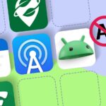 Ilustração de um chip de IA e uma cabeça de robô sobre a tela de um telefone Android