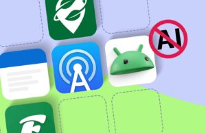 6 aplicativos Android que mantenho no meu telefone especificamente porque ignoram a IA Ilustração de um chip de IA e uma cabeça de robô sobre a tela de um telefone Android