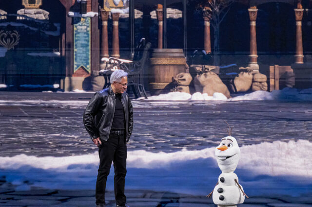 Jensen Huang, chief executive officer of Nvidia Corp., and Olaf, a robotic character from the Disney movie Frozen, during a keynote address at the Nvidia GTC conference in San Jose, California, US, on Monday, March 16, 2026. Nvidia Corp., the company at the center of an explosive build-out of AI computing, expects to generate at least $1 trillion from its Blackwell and Rubin chips through the end of 2027.