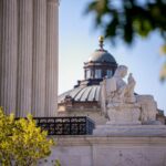 The marble statue Contemplation of Justice is seen outside the U.S. Supreme Court building on May 4, 2026, in Washington, D.C.