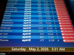 A administração Trump culpa Biden pela queda da Spirit Airlines, pois cancela TODOS os voos imediatamente e o presidente intervém para ajudar os passageiros retidos A Spirit Airlines cancelou todos os voos no meio da noite de sábado. A foto acima é uma placa de embarque no Aeroporto Internacional de Orlando