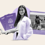 From left: Sydney Zarsadias looks at the sea from a cliff; and wears a lab coat.