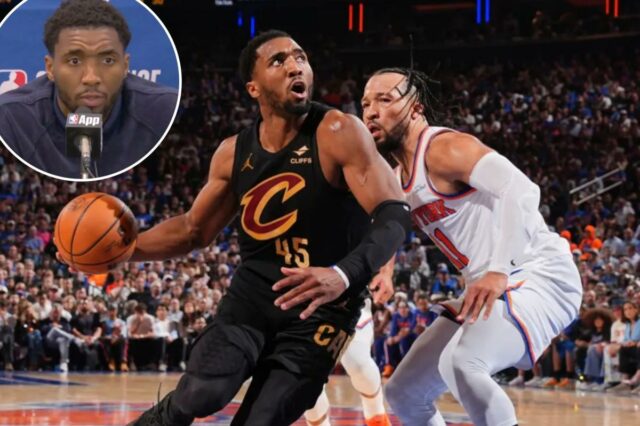 Donovan Mitchell #45 do Cleveland Cavaliers dribla a bola durante o jogo contra o New York Knicks durante o jogo 1 das finais da Conferência Leste da NBA em 19 de maio de 2026 no Madison Square Garden em Nova York, Nova York.  