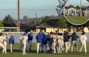 A celebração da partida se torna violenta no jogo de beisebol La Salle-Bishop Amat HS Jogadores e treinadores de beisebol brigam em campo.
