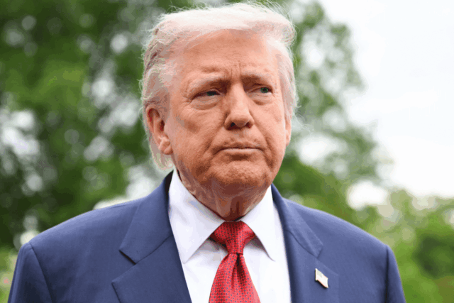 Donald Trump speaks to journalists as he makes his way to board Marine One before departing from the South Lawn of the White House in Washington, DC on May 8, 2026.
