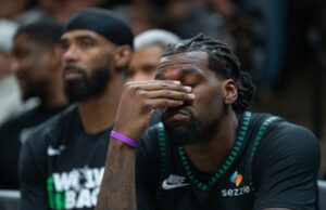 A estrela do Timberwolves não se esconde sobre o que os separa dos melhores da NBA Naz Reid (11) reage no banco enquanto o San Antonio Spurs lidera por 30 pontos no final do quarto jogo 6 das semifinais da Conferência Oeste da NBA no Target Center em Minneapolis, Minnesota, na sexta-feira, 15 de maio de 2026.