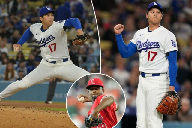 Shohei Ohtani lançando para o Los Angeles Dodgers.