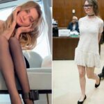 Anna Delvey usando meia-calça preta com tornozeleira eletrônica.