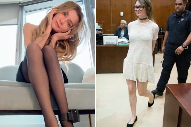 Anna Delvey usando meia-calça preta com tornozeleira eletrônica.