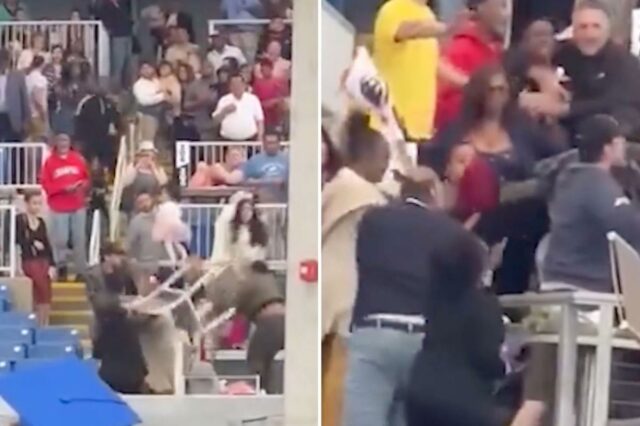 Pessoas brigando nas arquibancadas do estádio.
