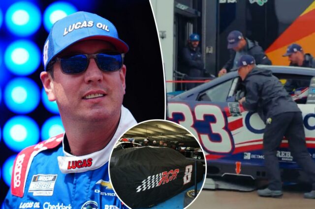 A garagem da NASCAR observa em choroso silêncio enquanto o A garagem da NASCAR observa em choroso silêncio enquanto o antigo carro de Kyle Busch é descarregado na pista