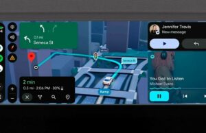A grande reforma do Android Auto para 2026 traz mapas imersivos e FHD YouTube Vista superior de um carro passando sobre o logotipo do Android Auto.