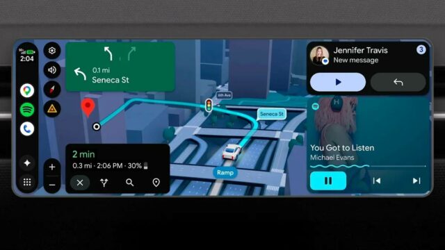 A grande reforma do Android Auto para 2026 traz mapas Vista superior de um carro passando sobre o logotipo do Android Auto.