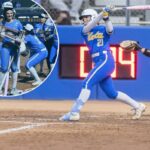 Aleena Garcia acerta um de seus dois home run de três corridas na vitória da UCLA por 14-4 sobre a Flórida Central em 23 de maio de 2026 em Los Angeles para garantir uma vaga no College World Series.