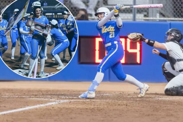 A noite de dois homers e 7 RBI de Aleena Aleena Garcia acerta um de seus dois home run de três corridas na vitória da UCLA por 14-4 sobre a Flórida Central em 23 de maio de 2026 em Los Angeles para garantir uma vaga no College World Series.