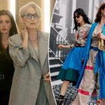 Miranda Priestly (Meryl Streep) vestindo uma jaqueta com borlas ao lado de BJ Novak.