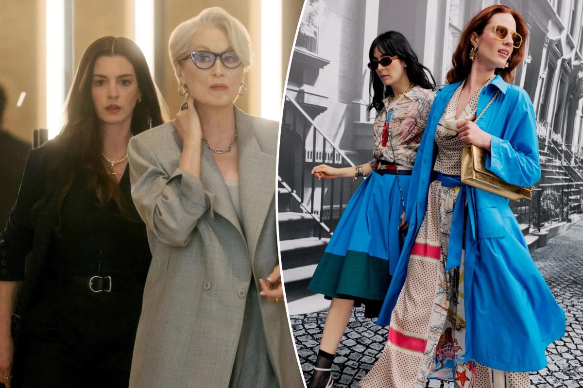 Miranda Priestly (Meryl Streep) vestindo uma jaqueta com borlas ao lado de BJ Novak.
