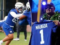 A oferta misteriosa do draft não conseguiu influenciar os Giants na escolha de Francis Mauigoa Os jogadores do New York Giants, Francis Mauigoa (65) e Derrick Graham (76) durante o treino de futebol.