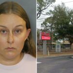 Mugshot de Heather Mashburn-Smith, uma mulher branca com longos cabelos castanhos, vestindo uma camisa rosa claro e um piercing de ouro no nariz.