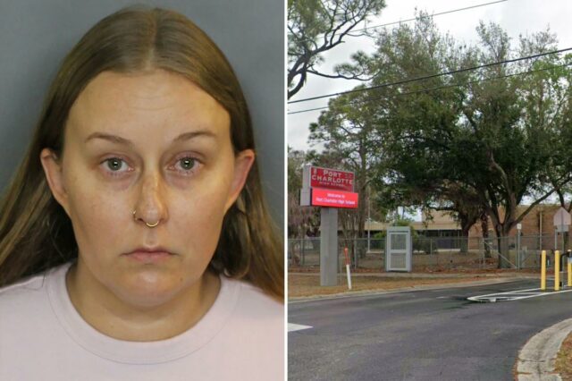 Mugshot de Heather Mashburn-Smith, uma mulher branca com longos cabelos castanhos, vestindo uma camisa rosa claro e um piercing de ouro no nariz.