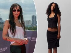 A saia descolada de Zoë Kravitz finalmente está de volta ao estoque e custa apenas US $ 108 Mulher vestindo uma saia Paloma preta e top.