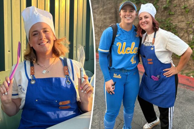 A superfã da rebatedora da UCLA, Megan Grant, começa a A superfã da rebatedora da UCLA, Megan Grant, começa a cozinhar com roupas criativas