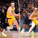 Um jogador do Oklahoma City Thunder defendendo um jogador do Los Angeles Lakers driblando a bola.