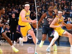 A velha fraqueza do Lakers voltou para assombrá-los contra o Thunder Um jogador do Oklahoma City Thunder defendendo um jogador do Los Angeles Lakers driblando a bola.
