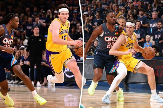 A velha fraqueza do Lakers voltou para assombrá-los contra o Um jogador do Oklahoma City Thunder defendendo um jogador do Los Angeles Lakers driblando a bola.