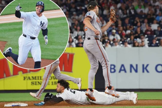 Aaron Judge (99) home run de 2 corridas durante o primeiro turno, quando o New York Yankees jogou contra o Baltimore Orioles na segunda-feira, 4 de maio de 2026, no Yankee Stadium, no Bronx, NY. 