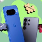 Telefone Samsung sendo substituído por um Google Pixel, mostrado com uma seta apontando para o Pixel.