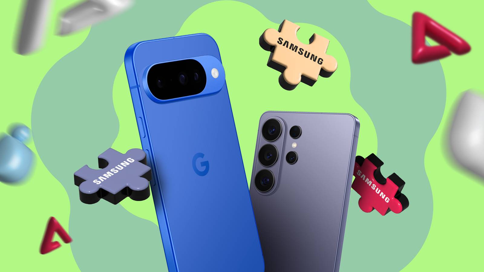 Telefone Samsung sendo substituído por um Google Pixel, mostrado com uma seta apontando para o Pixel.