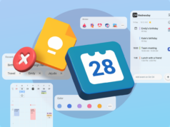 Abandonei o Google Keep pela integração de calendário da Samsung, e você também deveria Homem sorrindo enquanto olha para o telefone ao ar livre, com uma sobreposição de uma programação colorida do Google Agenda exibindo alguns eventos.
