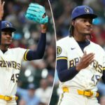 O arremessador do Milwaukee Brewers, Abner Uribe (45), comemora a final da oitava entrada contra o St. Louis Cardinals no American Family Field.