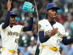 Abner Uribe, dos Brewers, comemora com um golpe selvagem de ‘chupar’ no Cardinals – mas o técnico ficou ‘envergonhado’ O arremessador do Milwaukee Brewers, Abner Uribe (45), comemora a final da oitava entrada contra o St. Louis Cardinals no American Family Field.