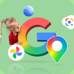 Homem confuso segurando um telefone cercado por ícones do Google Fotos e uma barra de pesquisa com alertas de erro.