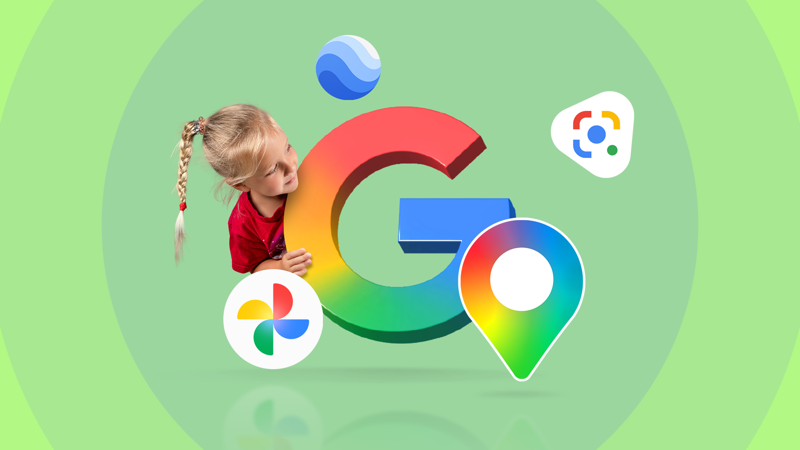 Homem confuso segurando um telefone cercado por ícones do Google Fotos e uma barra de pesquisa com alertas de erro.