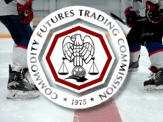 Acordo da CFTC NHL amplia supervisão que protege os mercados de previsão de hóquei Logotipo da Commodity Futures Trading Commission exibido sobre jogadores de hóquei na pista de gelo durante o anúncio do acordo de integridade do mercado de previsão esportiva da NHL