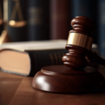 Martelo de juiz de madeira na mesa do tribunal com livros jurídicos e balanças representando acusações federais de fraude e processos judiciais criminais. Acusação federal de fraude em cassino tem como alvo homem de Sacramento por investimento falso em cannabis