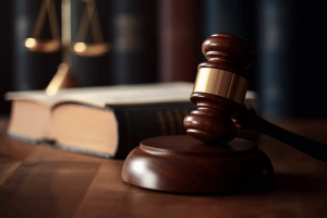 Martelo de juiz de madeira na mesa do tribunal com livros jurídicos e balanças representando acusações federais de fraude e processos judiciais criminais. Acusação federal de fraude em cassino tem como alvo homem de Sacramento por investimento falso em cannabis