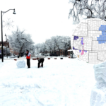 Stock image: Santa Fe, NM: Two young men making snowmen on the historic Santa Fe Plaza after a snowstorm - undated