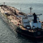 This aerial picture from October 1, 2025, shows the tanker Boracay from Russia's so-called shadow fleet off the coast of the western France port of Saint-Nazaire.