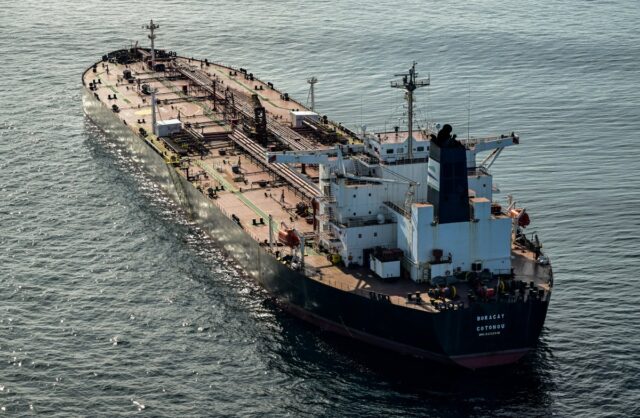 This aerial picture from October 1, 2025, shows the tanker Boracay from Russia's so-called shadow fleet off the coast of the western France port of Saint-Nazaire.