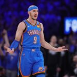 Oklahoma City Thunder star Alex Caruso reacts during Western Conference Finals game against San Antonio Spurs