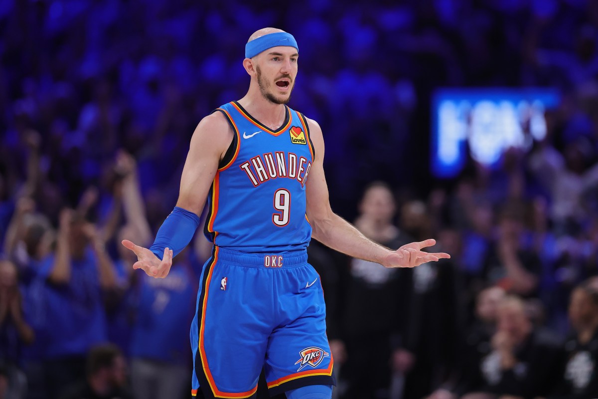 Oklahoma City Thunder star Alex Caruso reacts during Western Conference Finals game against San Antonio Spurs