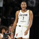 LAS VEGAS, NEVADA - SEPTEMBER 23: Aliyah Boston #7 of the Indiana Fever reacts after being called for an offensive foul against the Las Vegas Aces in the first quarter of Game Two of the 2025 WNBA Playoffs semifinals at Michelob ULTRA Arena on September 23, 2025 in Las Vegas, Nevada. (Photo by Ian Maule/Getty Images)