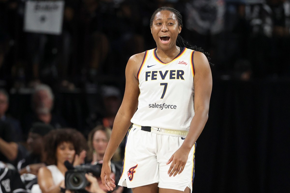 LAS VEGAS, NEVADA - SEPTEMBER 23: Aliyah Boston #7 of the Indiana Fever reacts after being called for an offensive foul against the Las Vegas Aces in the first quarter of Game Two of the 2025 WNBA Playoffs semifinals at Michelob ULTRA Arena on September 23, 2025 in Las Vegas, Nevada. (Photo by Ian Maule/Getty Images)